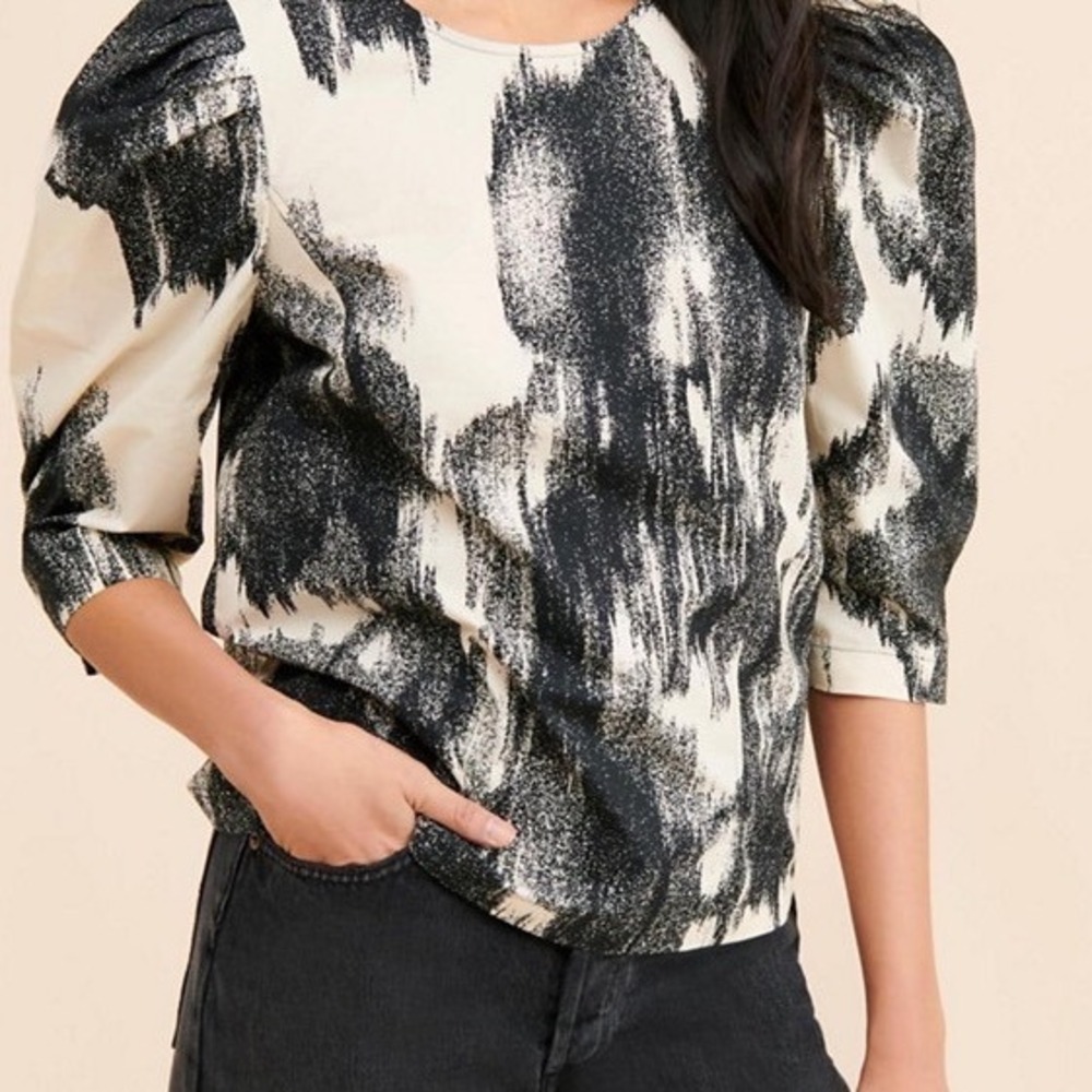 Just Female Blouse Women 38 Black White Abstract Puff Sleeve Scandi Minimalist - Picture 7 of 12